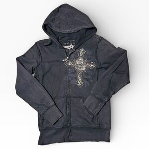 Vintage Affliction Zip Up Hoodie‎ Womens XL Black Cross Wings Distressed Grunge